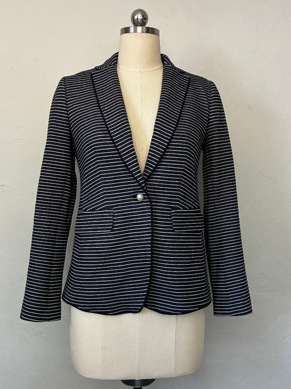 Ann Taylor Navy/White Stripes Double Face Knit Button Front Blazer XS Petite